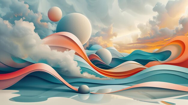 Paisaje surrealista con formas que fluyen y esferas celestes en un cielo de ensueño