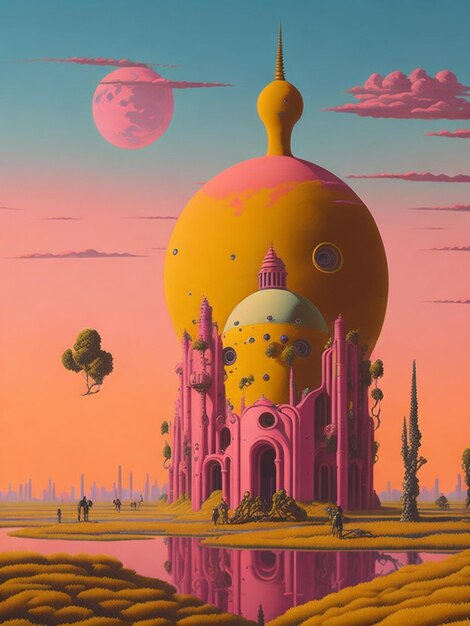 Un paisaje surrealista de un horizonte rosa y amarillo con un grandioso edificio al fondo