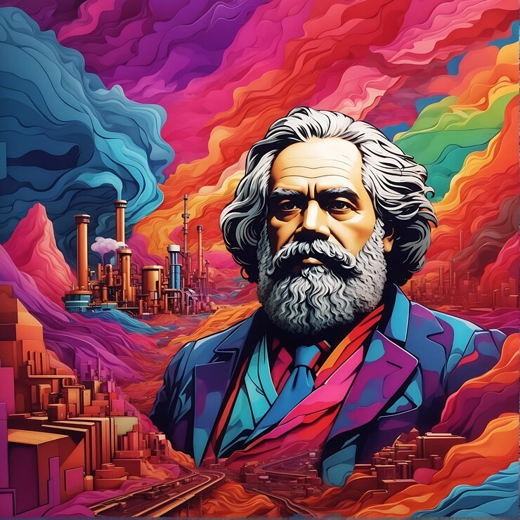 Un paisaje surrealista con Karl Marx con un toque de industrialismo