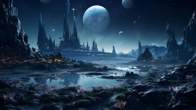 Foto un paisaje surrealista en una luna alienígena con imponentes estructuras cristalinas y flora bioluminescente