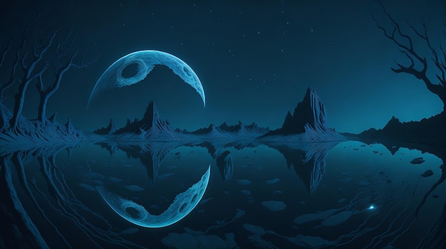 Paisaje surrealista con una luna con cabeza de pájaro