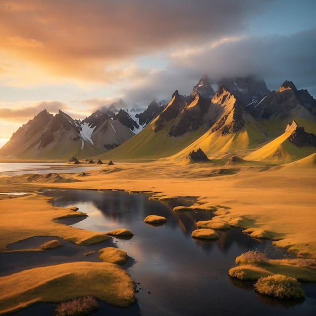 Un paisaje surrealista de las montañas bañadas en la luz dorada de una puesta de sol que se desvanece.