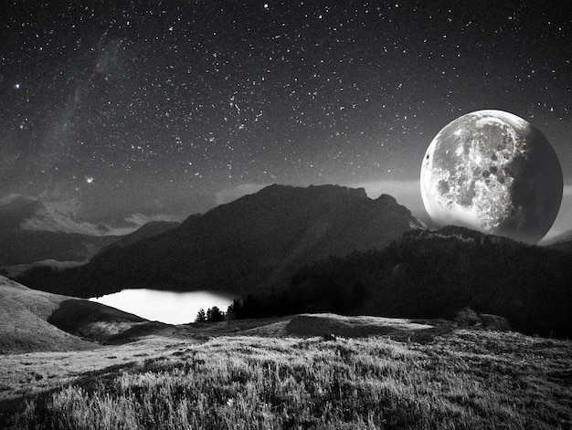 Paisaje surrealista con montañas y luna llena en blanco y negro