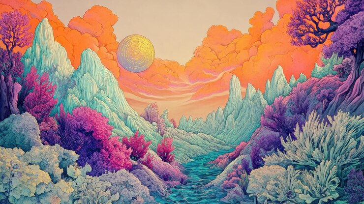 Paisaje surrealista con montañas y ríos de color pastel