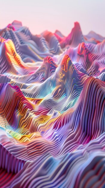 Un paisaje surrealista de ondas digitales iluminadas por neón que se asemeja a un mar futurista de luces y colores vibrantes