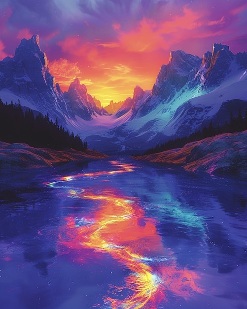 Un paisaje surrealista con papel tapiz de colores arco iris