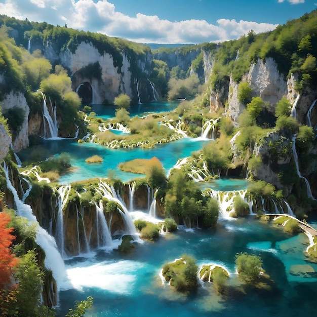 Un paisaje surrealista del Parque Nacional de los Lagos de Plitvice con sus vibrantes colores