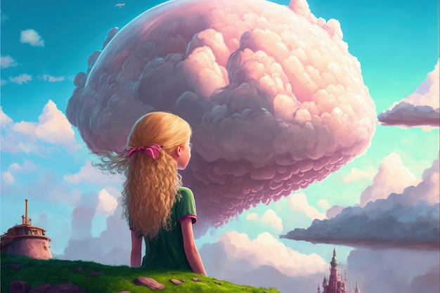 Paisaje surrealista que muestra a la niña mirando cosas misteriosas en las nubes ilustración de estilo de arte digital pintura concepto de fantasía de una niña mirando cosas misteriosas en las nubes