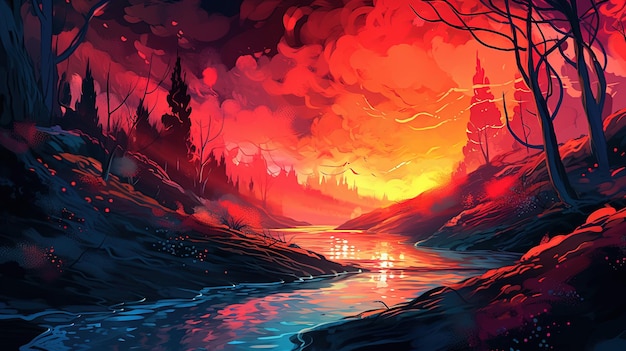 Un paisaje surrealista con un río hecho de fuego Concepto de fantasía Ilustración pintura IA generativa