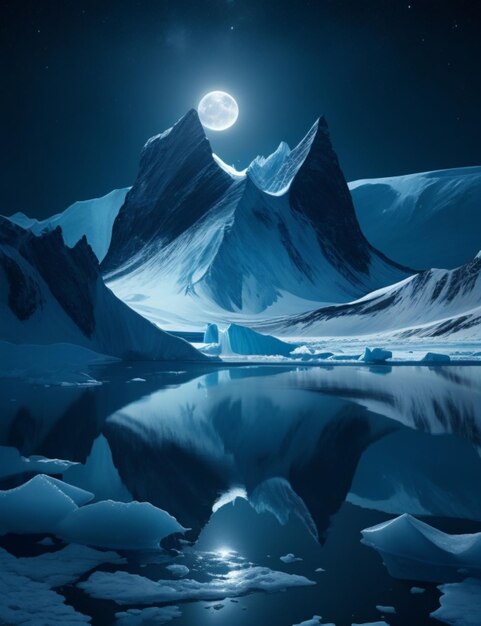 Un paisaje surrealista de un vasto iceberg, sus picos y valles helados iluminados por la luz de la luna reflejan