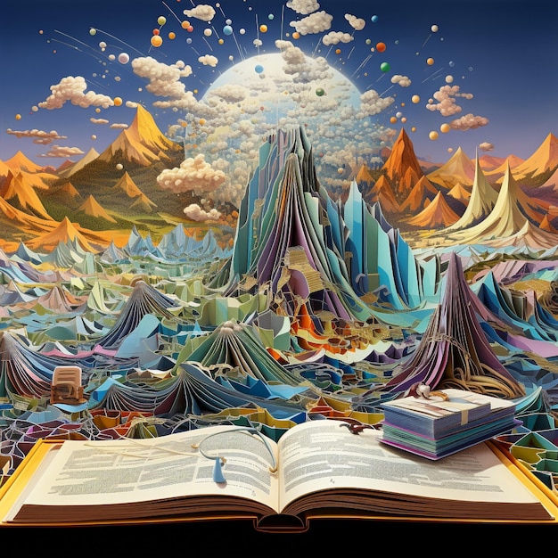 Paisaje surrealista de vibrantes montañas de libros de contabilidad con páginas en cascada