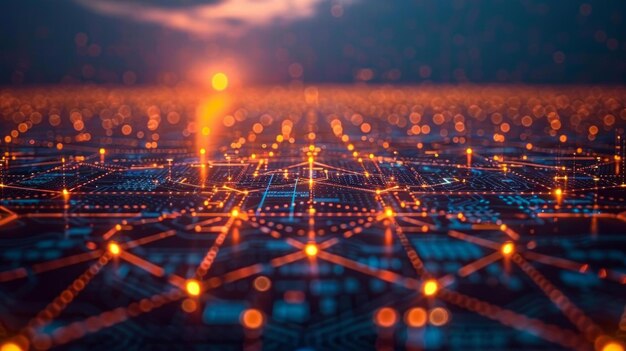 Paisaje de tecnología de redes minimalistas circuitos intrincados que se extienden sobre vastos campos de datos conexiones suaves y brillantes que simbolizan grandes flujos de datos IA generativa