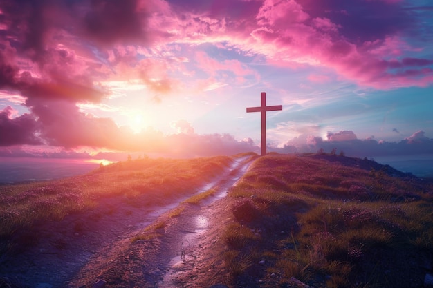 Paisaje temático cristiano con un camino que conduce a la cruz al atardecer