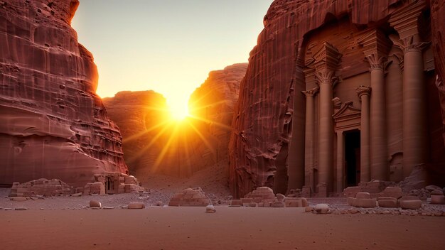 Un paisaje con un templo en el desierto al atardecer.