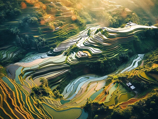 Un paisaje de terrazas de arroz con el sol brillando en la cima