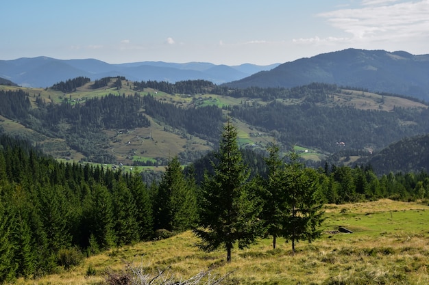 Paisaje de terreno rocoso montañoso con un sendero sobre un fondo de cielo azul con nubes