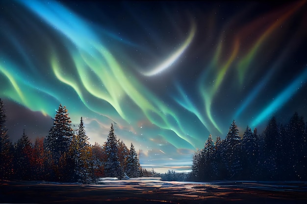 Paisaje terrestre nocturno con luces de aurora boreal en el arte generado por la red neuronal del cielo