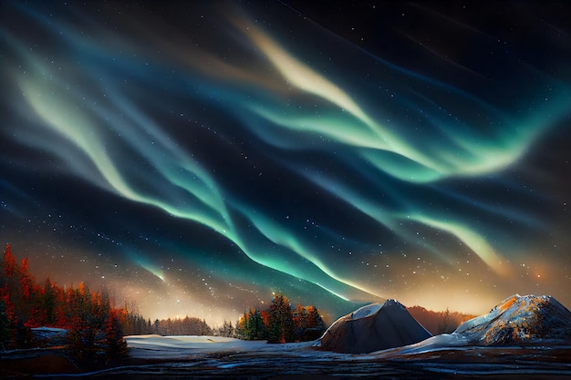 Paisaje terrestre nocturno con luces de aurora boreal en el arte generado por la red neuronal del cielo