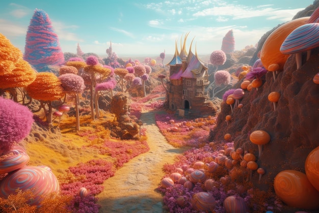 Paisaje de tierra de dulces de fantasía con dulces gigantes, fondo del mundo de los dulces AI