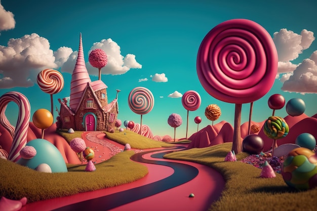 Paisaje de tierra de dulces de fantasía con dulces gigantes, fondo del mundo de los dulces AI