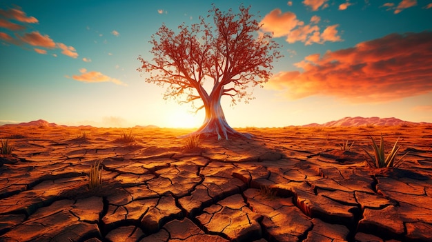 Paisaje de tierra seca agrietada y árbol muerto IA generativa