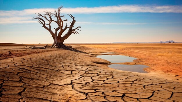 Paisaje de tierra seca agrietada y árbol muerto IA generativa