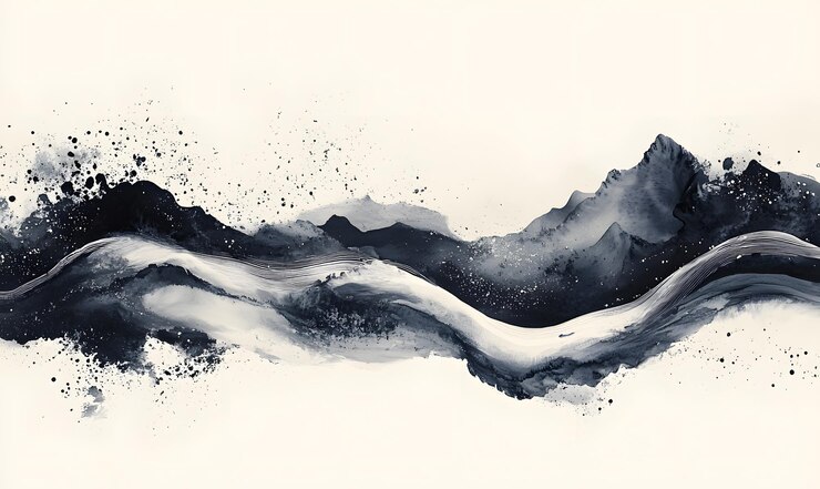 Paisaje de tinta abstracta con colinas y montañas onduladas