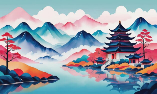 Paisaje de tinta china en un vibrante paisaje de ensueño de acuarela