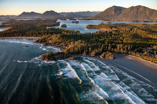 Paisaje de Tofino cubierto de vegetación rodeado por el mar en las islas de Vancouver, Canadá