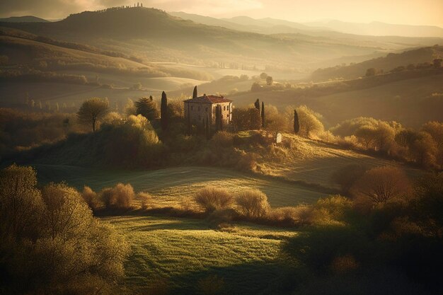 Paisaje de la Toscana en la puesta de sol creado con IA generativa