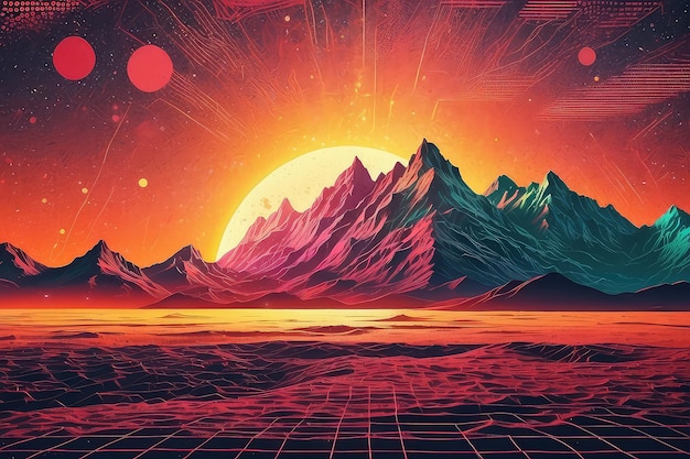 Paisaje de trabajo de puntos retro con montañas de cuadrícula solar de estilo de los años 80 y estrellas de fondo