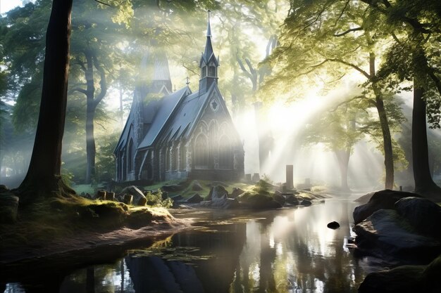 Foto paisaje tradicional escénico pequeña capilla en la encrucijada en el estilo de los paisajes tradicionales