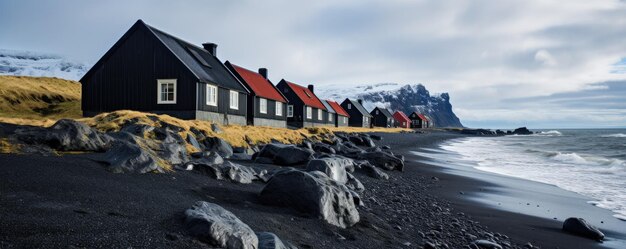 Paisaje tradicional de Islandia con casa, arena negra, paisaje de lava verde. Ai generativo.