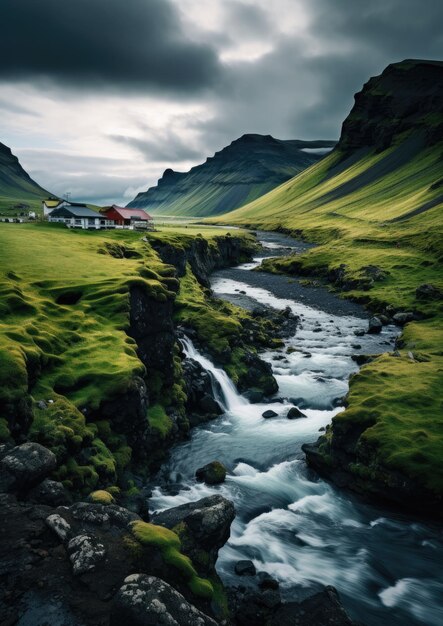 Paisaje tradicional de Islandia con casa, arena negra, paisaje de lava verde. Ai generativo.