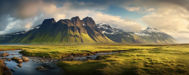 Paisaje tradicional de Islandia con casa, arena negra, paisaje de lava verde. Ai generativo.