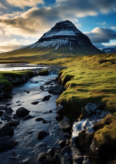 Paisaje tradicional de Islandia con casa, arena negra, paisaje de lava verde. Ai generativo.