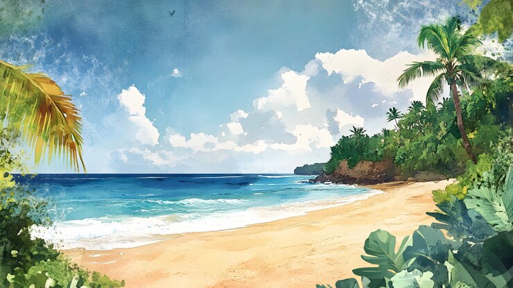 Paisaje tranquilo de acuarela de una playa tropical con palmeras y cielo azul