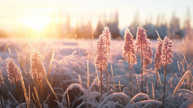 Un paisaje tranquilo de invierno con flores vibrantes que asoman a través de la nieve reluciente