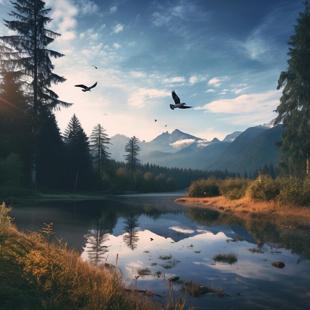 Paisaje tranquilo de un lago de montaña con pájaros voladores