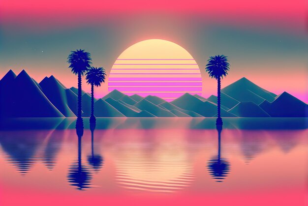Paisaje tranquilo y relajante con montañas en estilo vaporwave Vista rosa y azul en estilo de los años 90 Generada por IA