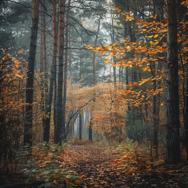 Paisaje tranquilo del sendero del bosque en otoño