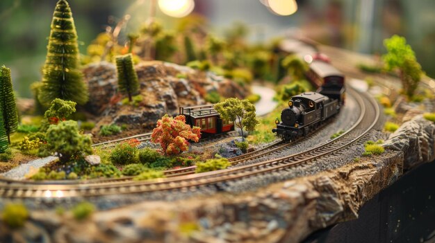 Paisaje de un tren en miniatura por la tarde