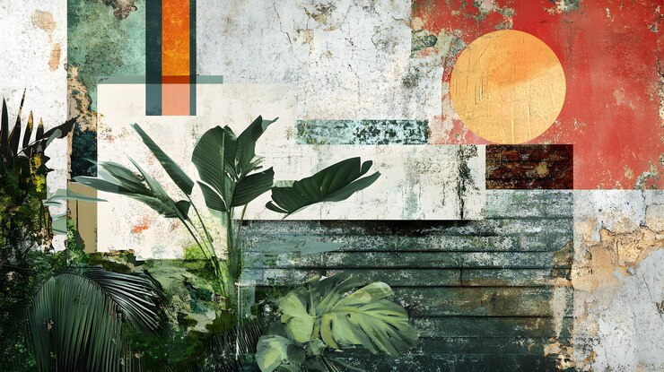 Paisaje tropical abstracto con elementos geométricos y pared angustiada