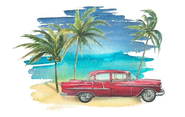 Un paisaje tropical con un coche rojo y palmeras en el fondo de una playa de mar Ilustración acuarela Composición de un gran conjunto de CUBA Para el diseño y decoración de pancartas postales