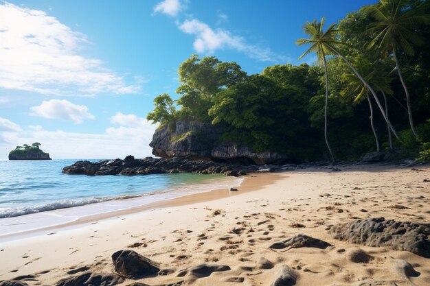 El paisaje tropical costero muestra una hermosa playa de arena y una bahía con costas rocosas