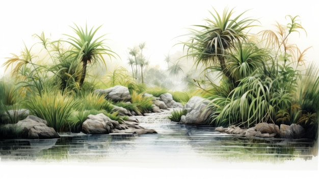 Paisaje tropical pintura río árboles y plantas en estilo Lee Bogle