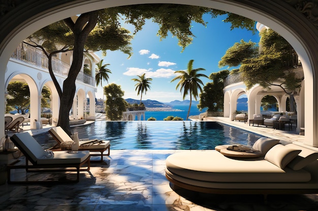 un paisaje tropical con una piscina con vistas al océano