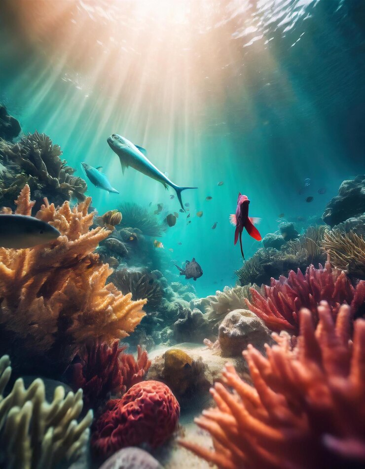 Paisaje tropical submarino profundo con corales de diferentes colores adornos marinos conchas marinas