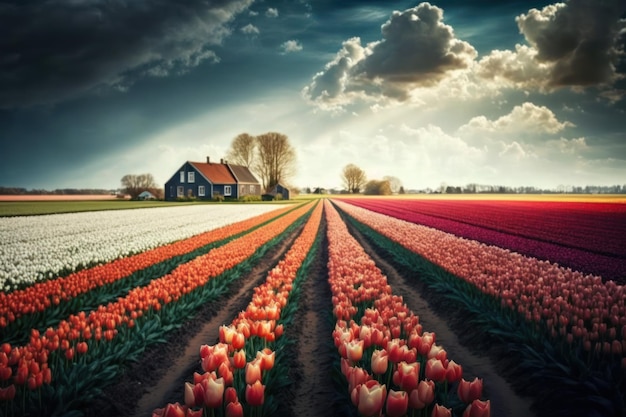 Paisaje de tulipanes holandeses con luz solar durante el día