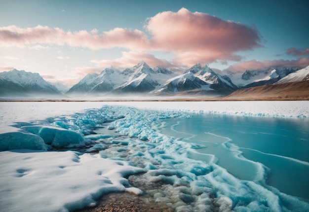 Paisaje de tundra con fondo de montaña nevada